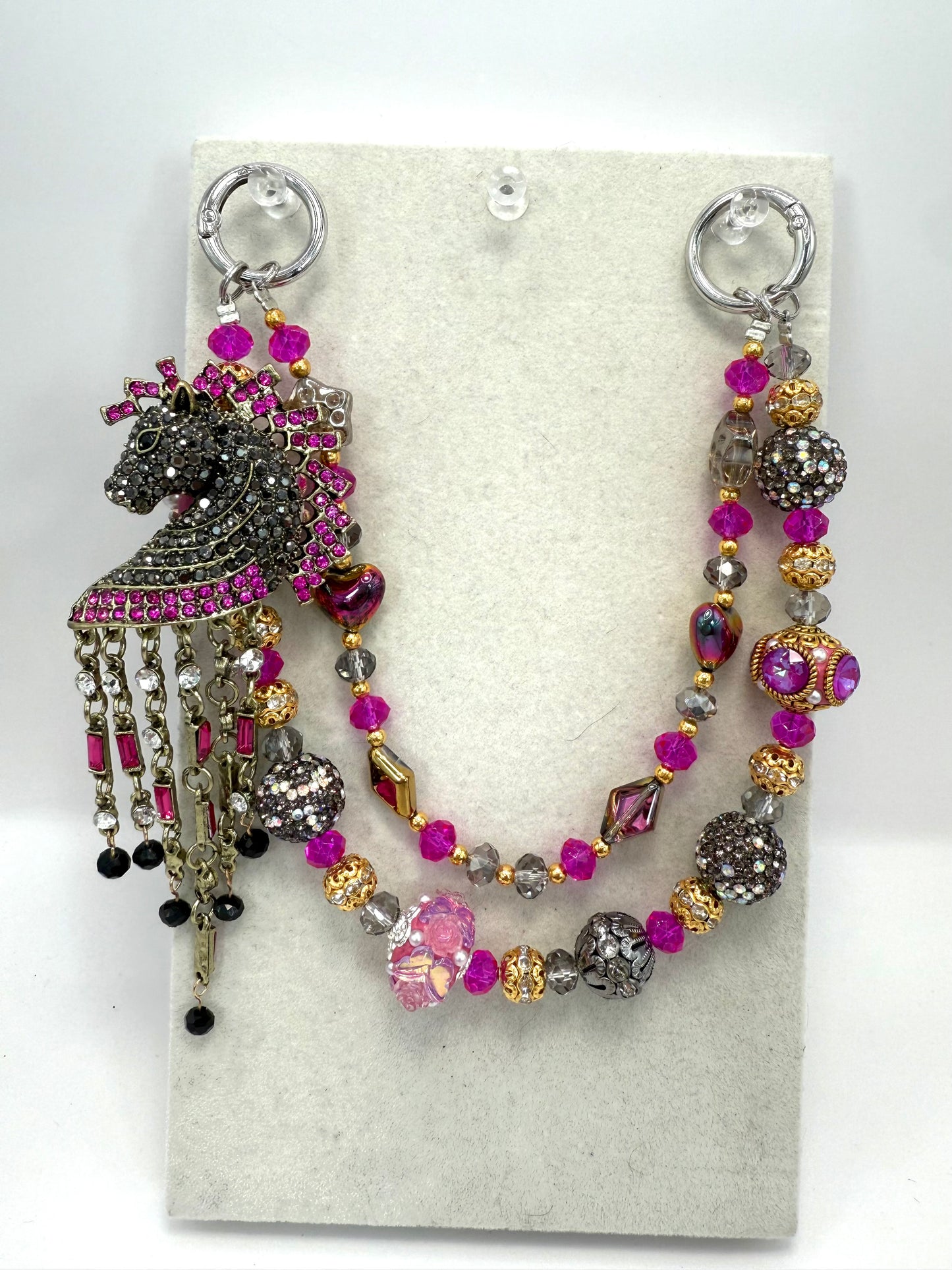 Hot Pink and Gold Beaded Keychain with Horse Head Charm