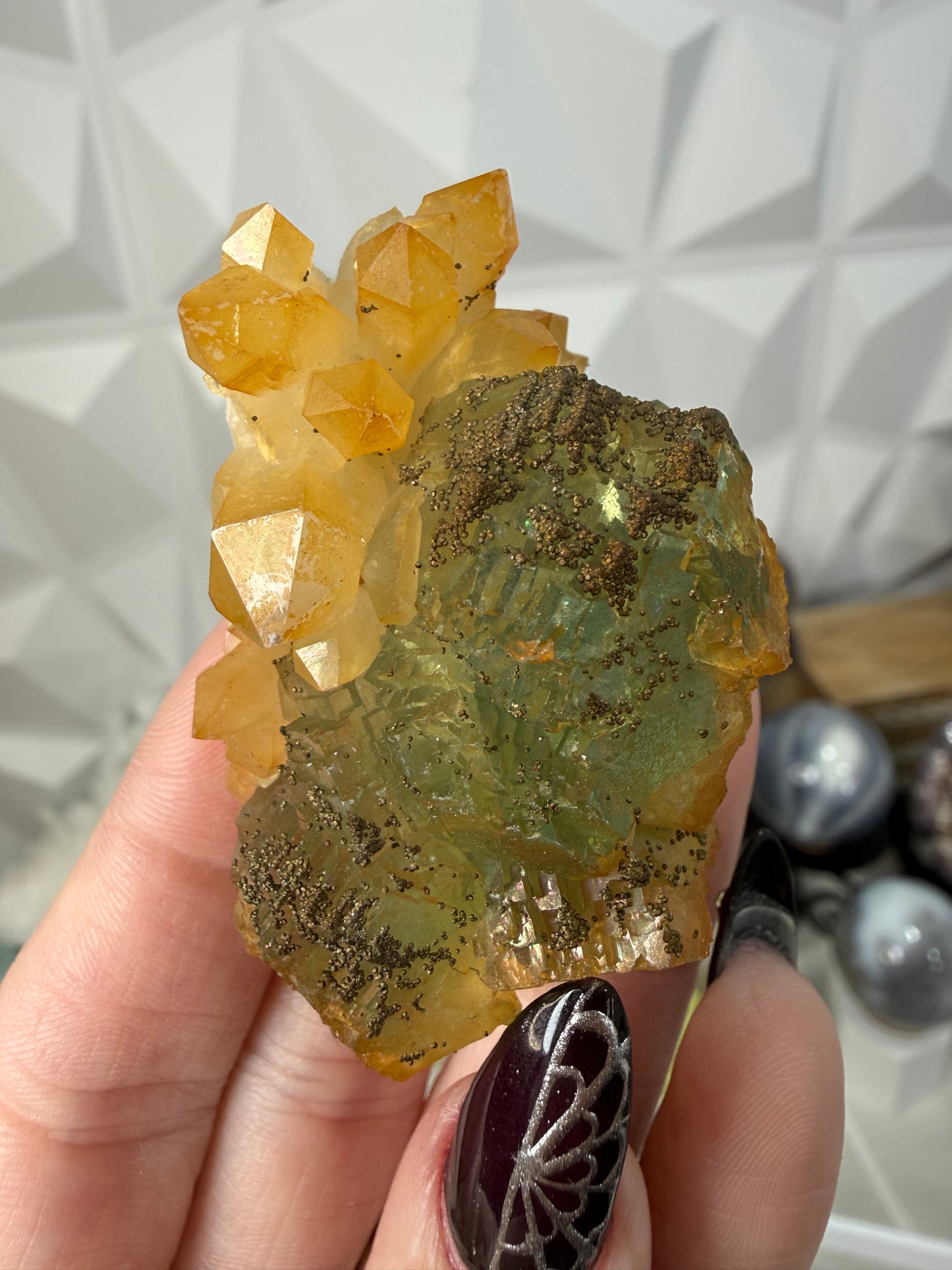 Iridescent Fluorite with Pyrite on Quartz