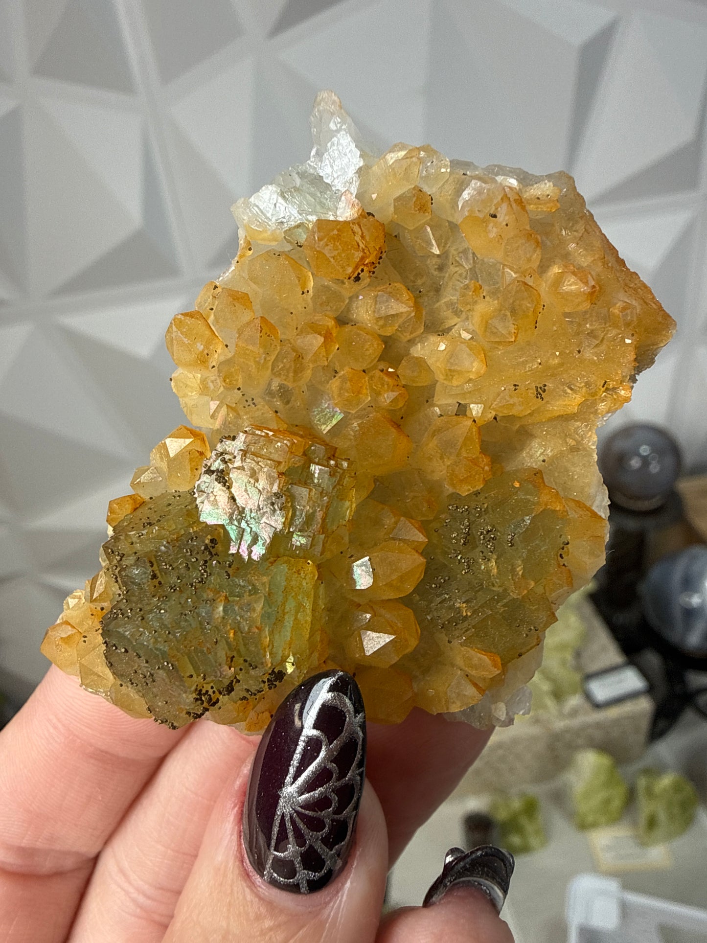 Iridescent Fluorite with Pyrite on Quartz