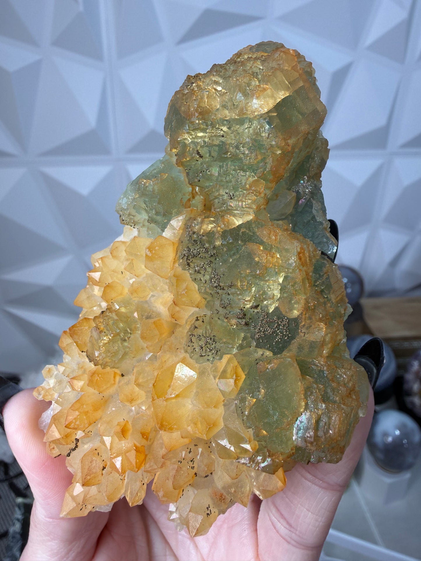 Iridescent Fluorite with Pyrite on Quartz