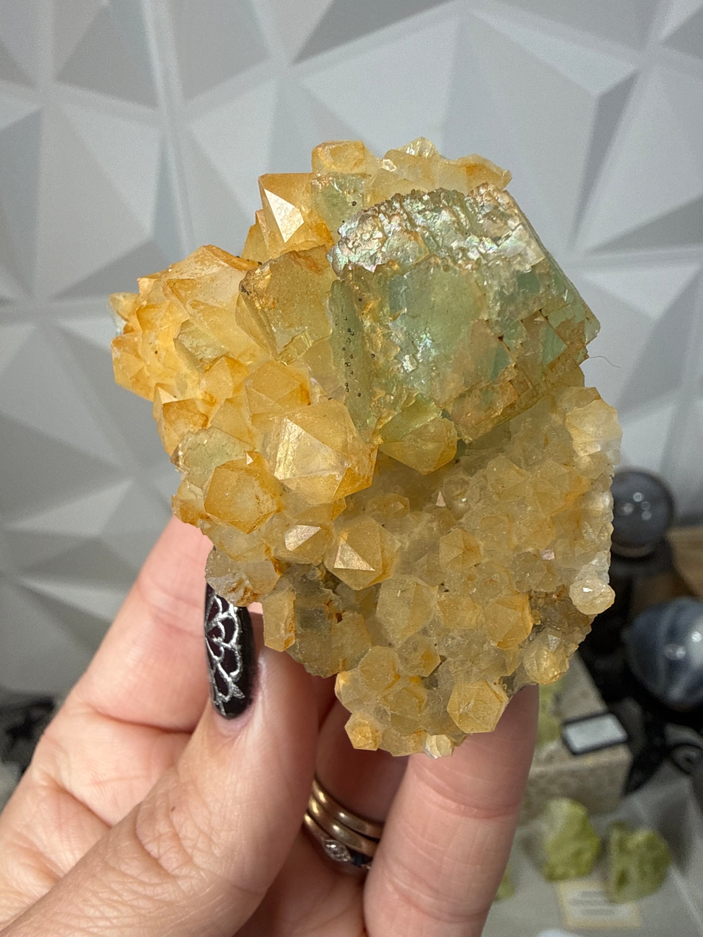 Iridescent Fluorite with Pyrite on Quartz