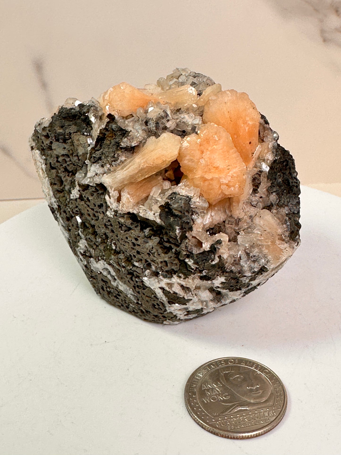 Peach Stilbite & Silver Heulandite | India