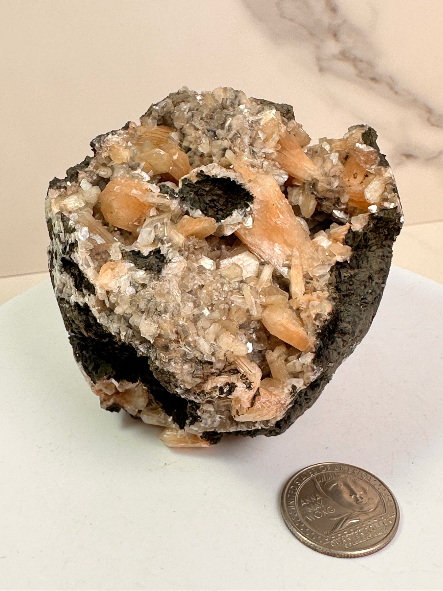 Peach Stilbite & Silver Heulandite | India