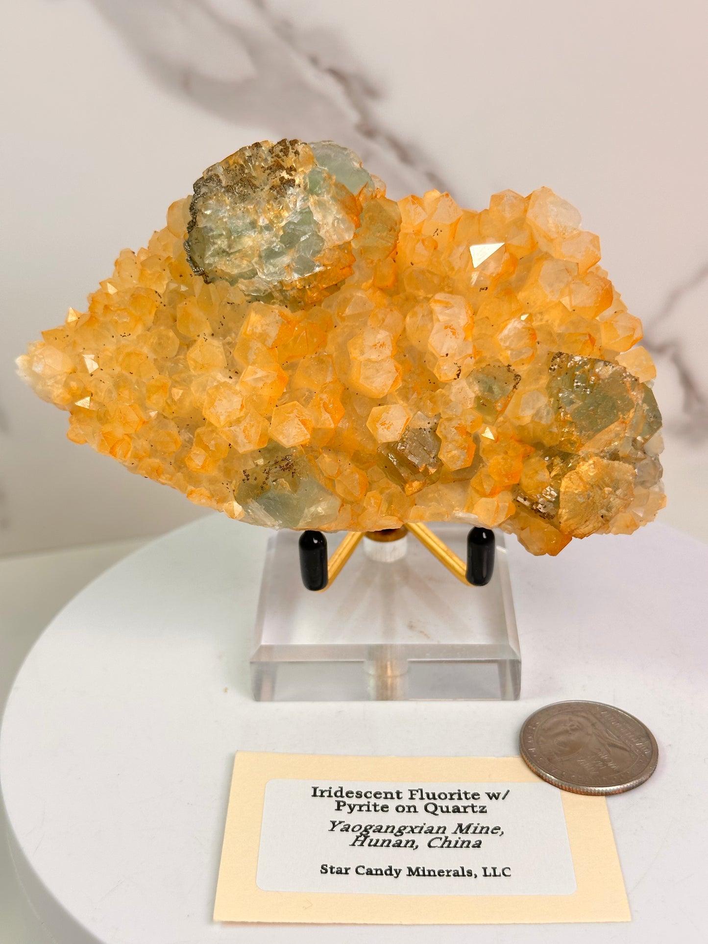 Iridescent Fluorite with Pyrite on Quartz