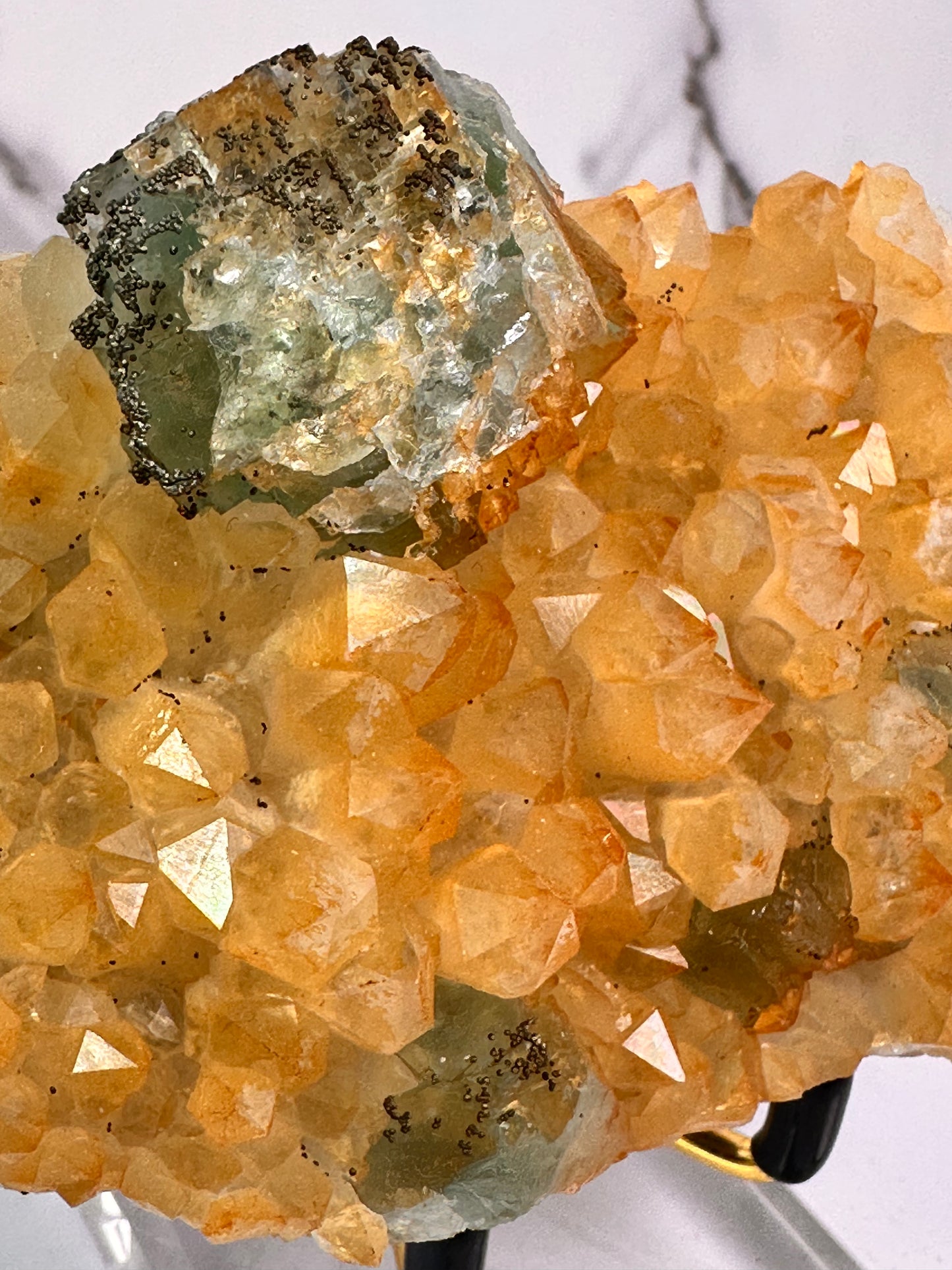Iridescent Fluorite with Pyrite on Quartz
