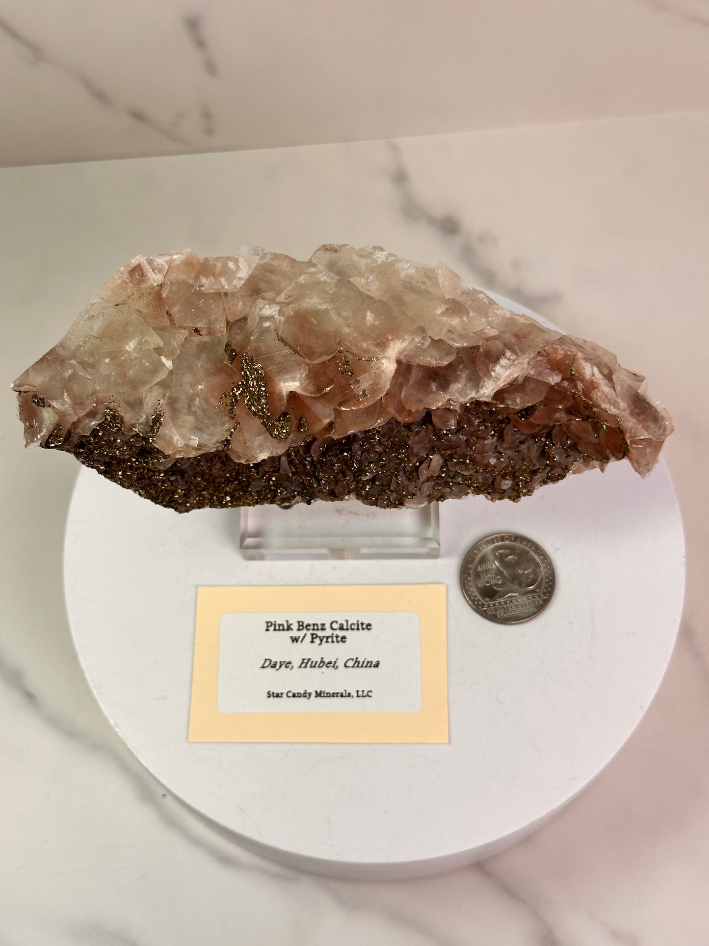 Pink Benz Calcite with Pyrite | Daye, Hubei, China