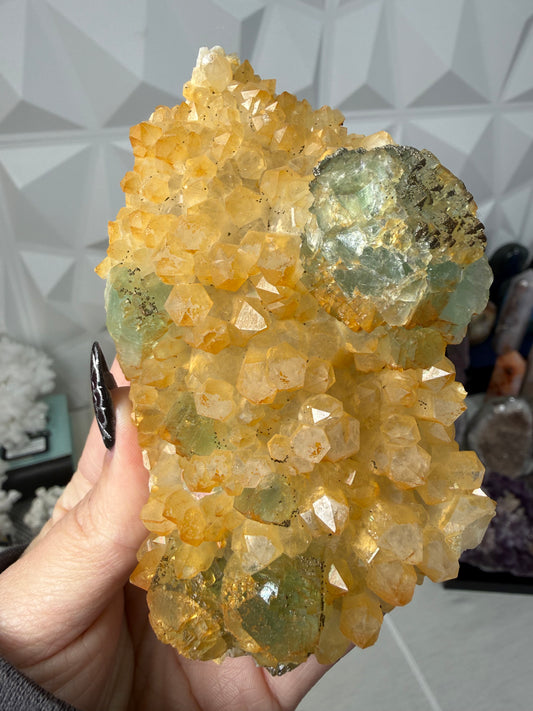 Iridescent Fluorite with Pyrite on Quartz