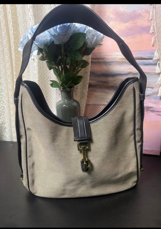 Authentic  Gucci Jackie Canvas Shoulder Bag Beige Black Leather Trim Gold Piston Clasp 92735