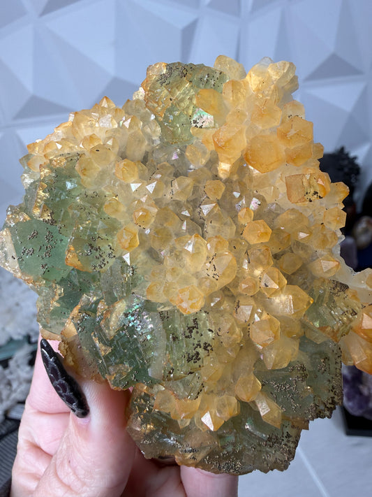 Iridescent Fluorite with Pyrite on Quartz