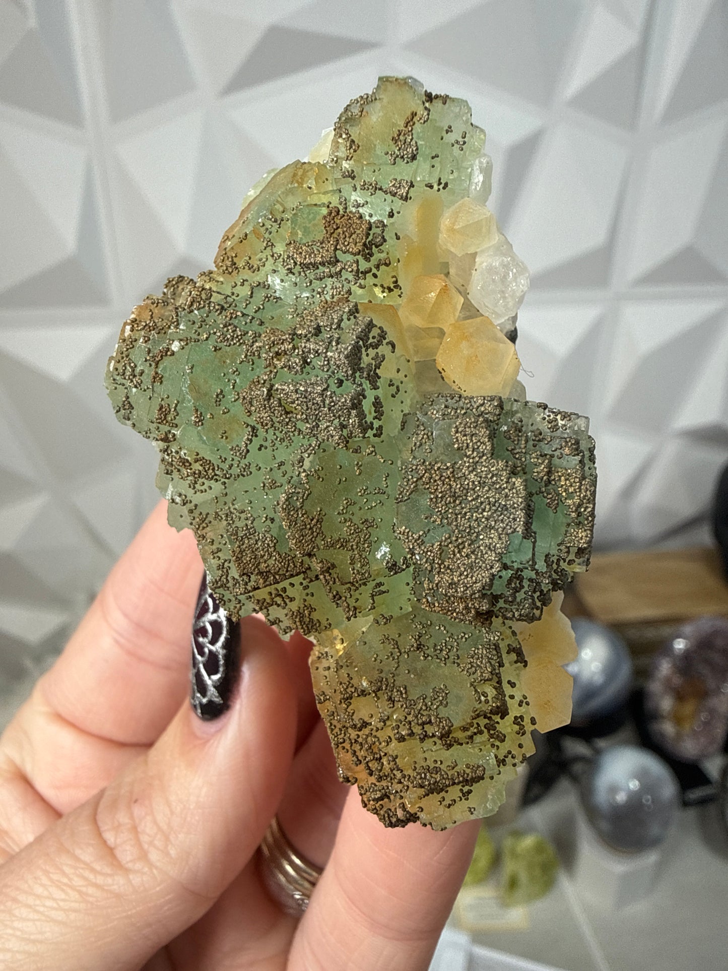 Iridescent Fluorite with Pyrite on Quartz