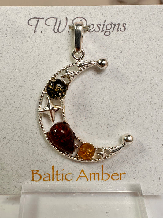 Baltic Amber Crescent Moon Pendant | Sterling Silver