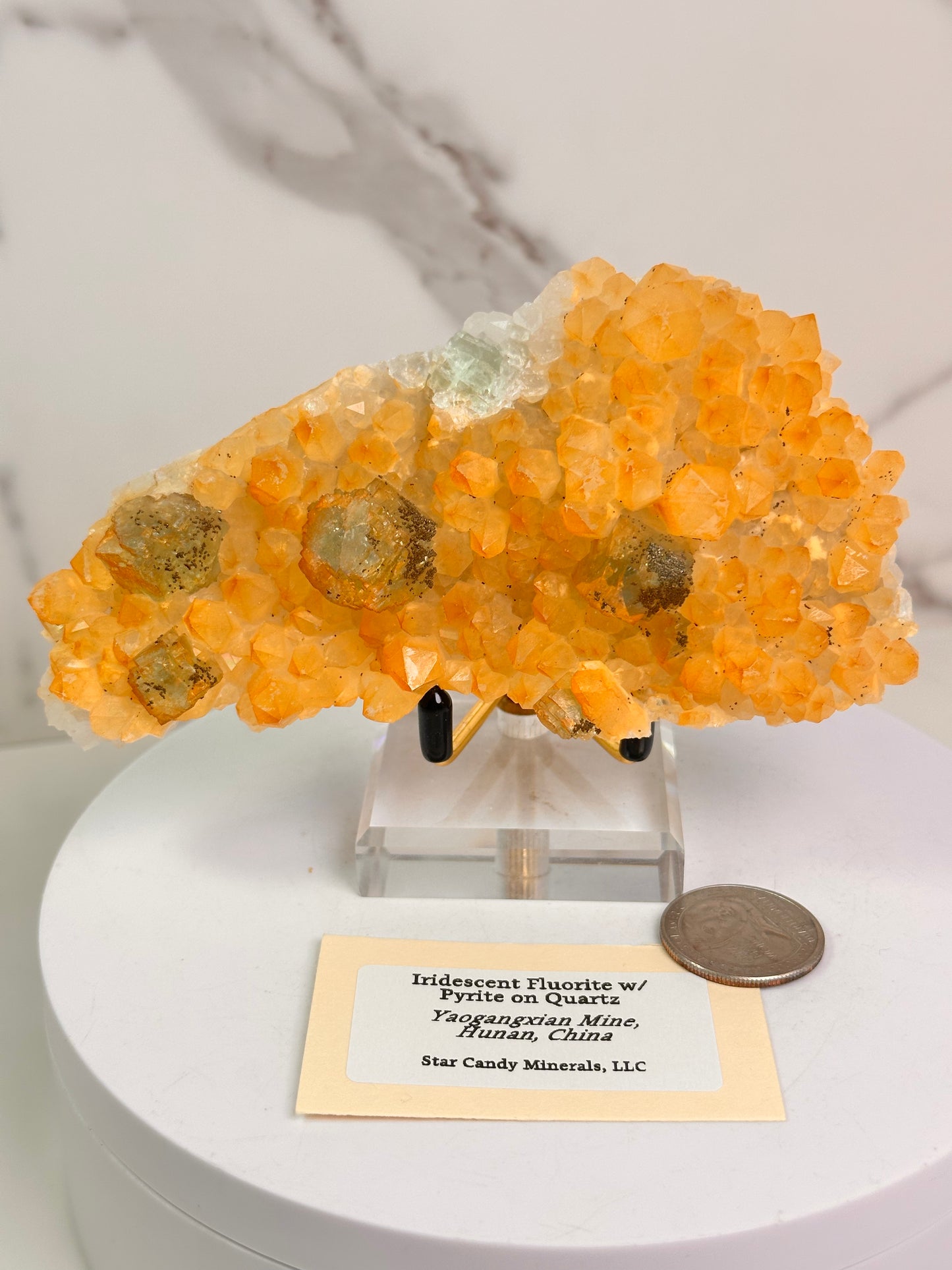 Iridescent Fluorite with Pyrite on Quartz